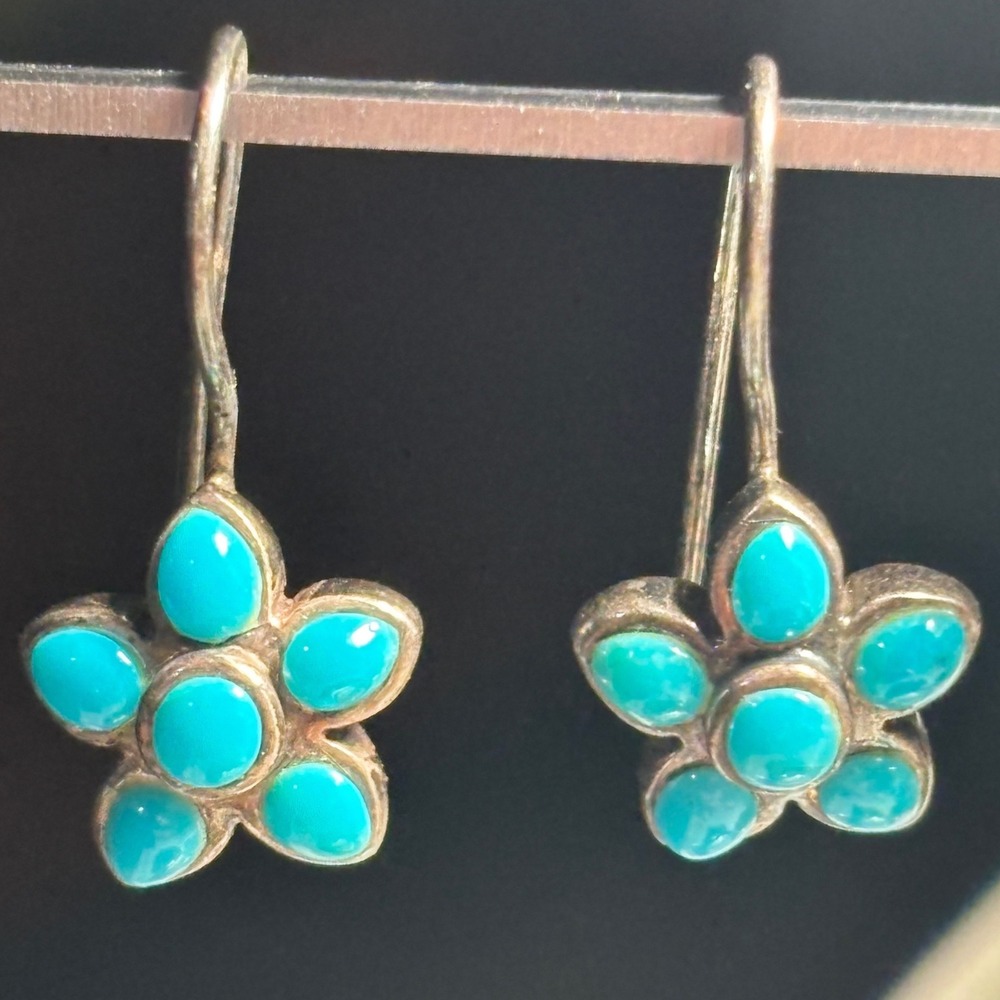 Vintage Sterling Silver Sleeping Beauty Turquoise Forget-Me-Not Drop Earrings
